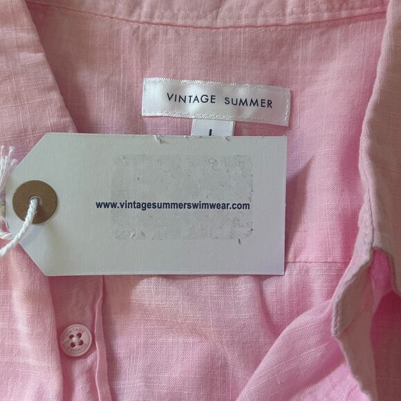 VINTAGE SUMMER SWIMWEAR COTTON BUTTON UP COLLARED SHIRT IN PINK NWT SIZE LARGE‎ - Picture 7 of 10